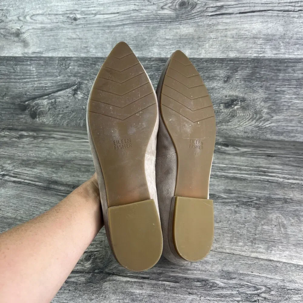 Eileen Fisher Posy Ballet Flats Suede Tan Pointed Toe Scalloped Women’s Size 11